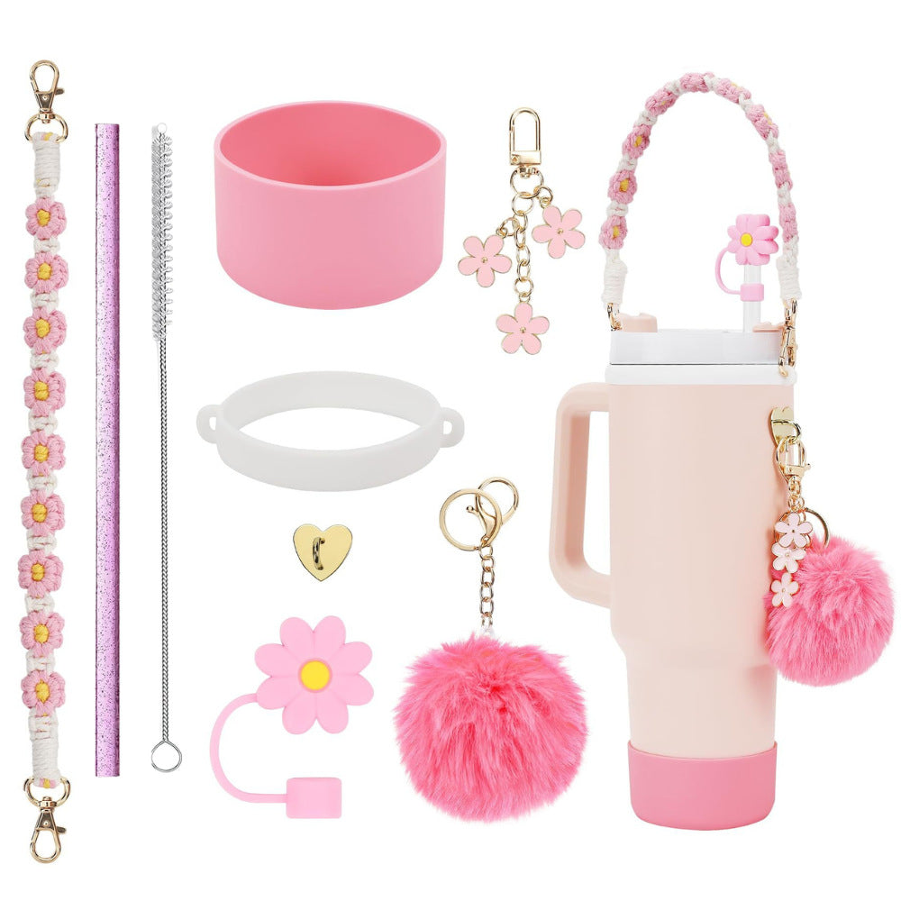 Wholesale Colorful straw accessories handmade cup chain plush love flower set